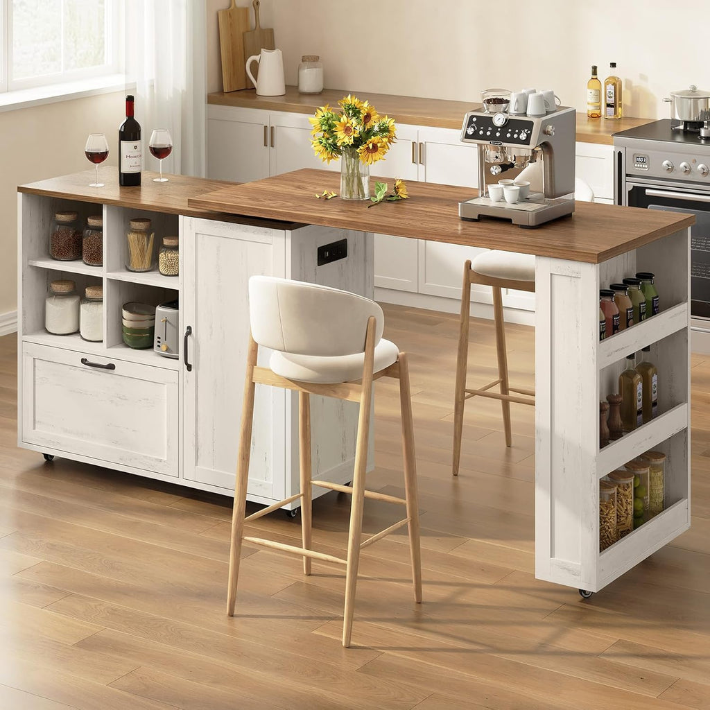 72" Rolling Kitchen Island with 360° Swivel Table & Power Outlet, Farmhouse Mobile Island Table with Storage Cabinet on Wheels, Wood Island Cart with Spice Rack for Kitchen,Dining Room,White
