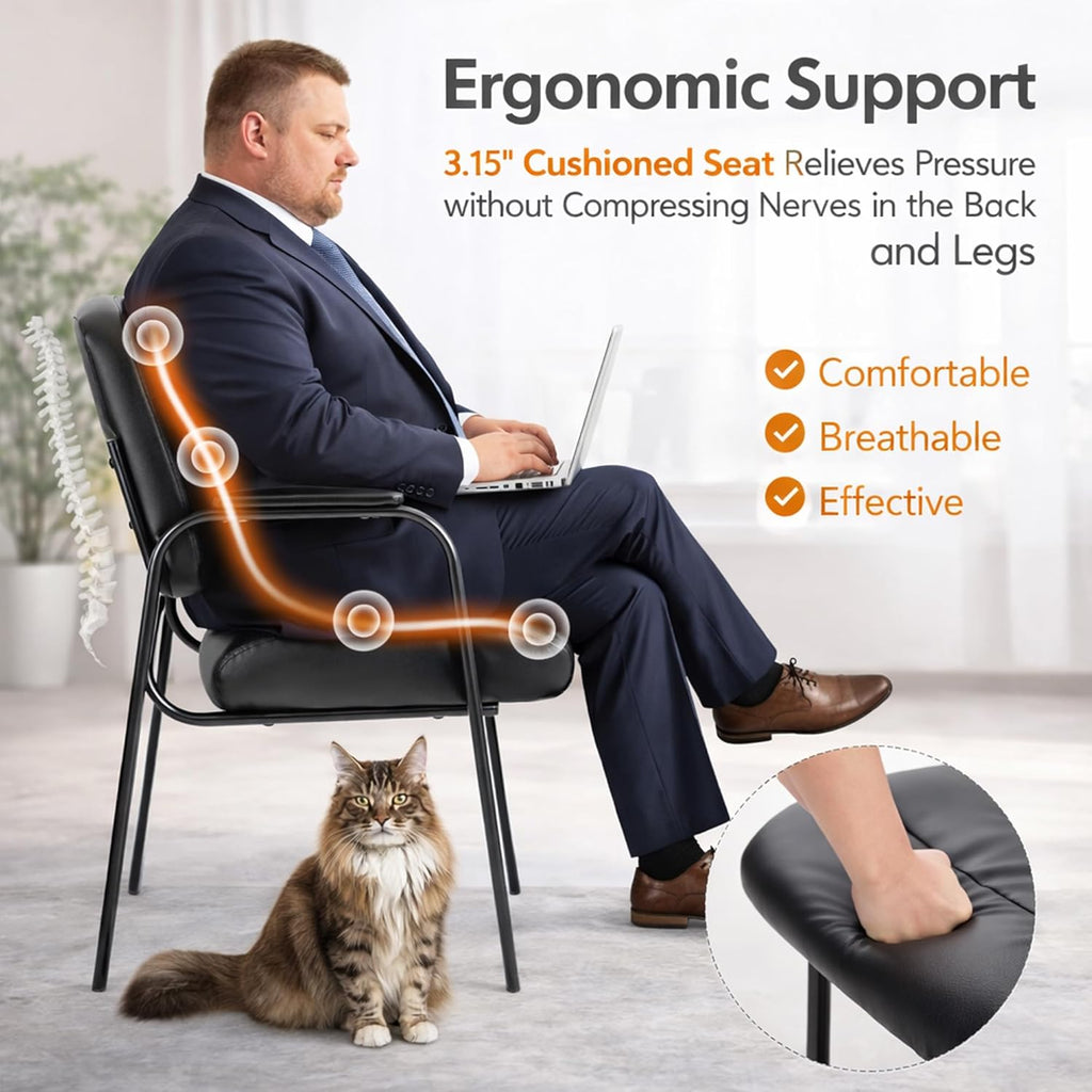 Leather Waiting Room Chair No Wheels, Office Guest Reception Seating with Padded Arms, Stationary Conference Table Chair for Lobby Clinic Home Desk Bedroom, Comfortable Dining Kitchen Armchair, Inky