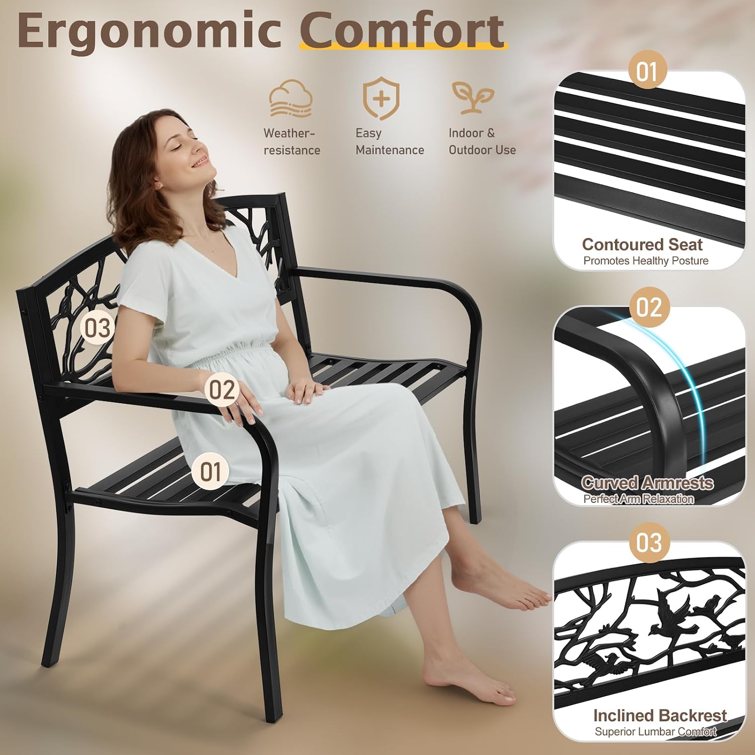 Outvita Outdoor Bench, 50" Iron Steel Frame Garden Bench with Magpie Pattern and Plastic Backrest Armrests, Patio Bench for Garden Park Yard Front Porch Patio, Black
