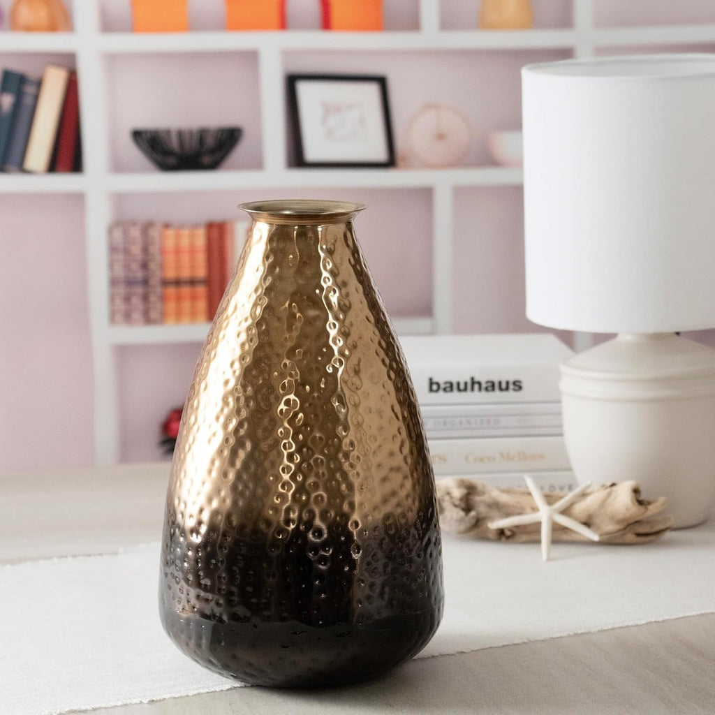 ANDALUCA Decorative Metal Vase with Hammered Rustic Bronze Ombre Finish 12in