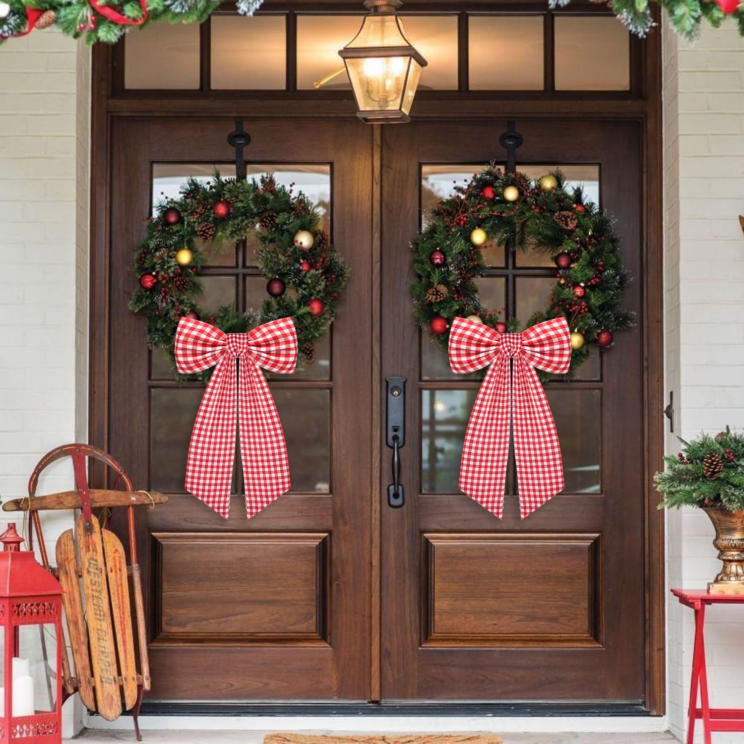 2 Pack Wreath Sash for Front Door Boxwood Wreath Sash Garland Front Door Porch Decor(White and Red Plaid)