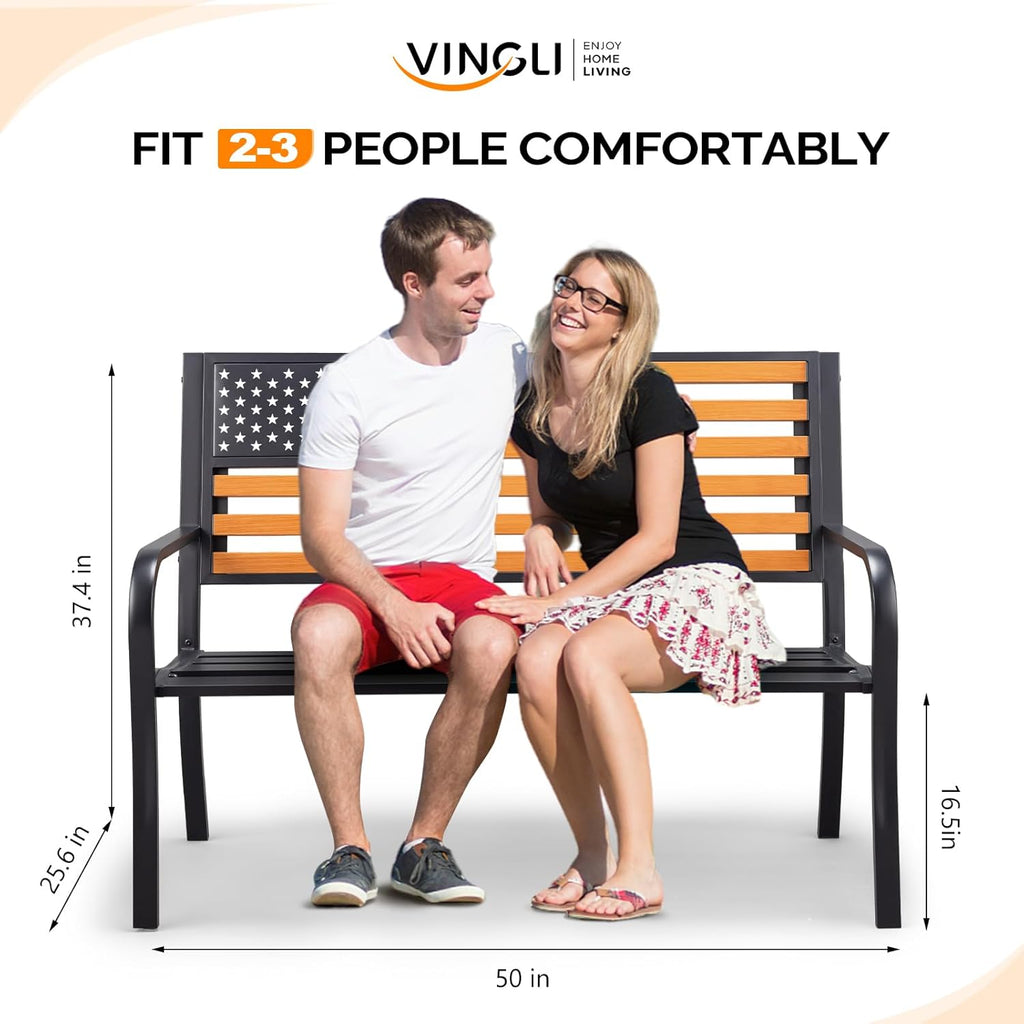VINGLI Outdoor Metal Bench, 50in Weatherproof Garden Bench w/American Flag Style, 2-Person Sturdy Steel Patio Bench for Front Porch Yard Park