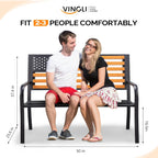 VINGLI Outdoor Metal Bench, 50in Weatherproof Garden Bench w/American Flag Style, 2-Person Sturdy Steel Patio Bench for Front Porch Yard Park