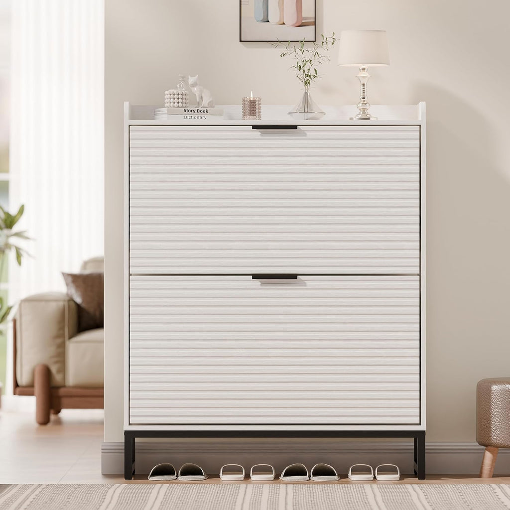 MU Shoe Storage Cabinet with 2 Flip Drawers, Freestanding Fluted Shoe Cabinet, Narrow Wood Shoe Cabinet, Hidden Shoe Organizer with Metal Legs for Entryway, Foyer, Hallway, White