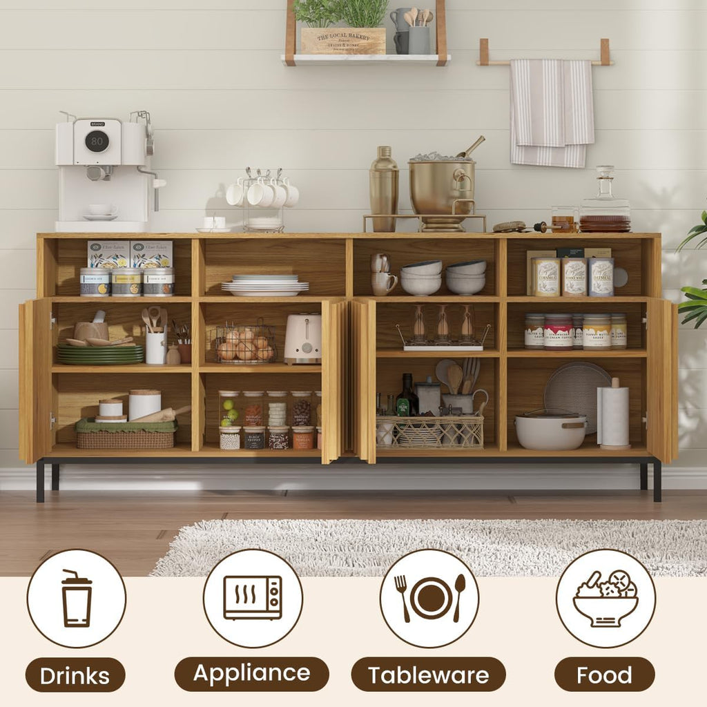 COCO DESIGN 70" Large Buffet Sideboard Cabinet with Power Outlets & Adjustable Shelves, Modern Farmhouse Accent Storage Credenza Console for Kitchen, Living Room, Oak
