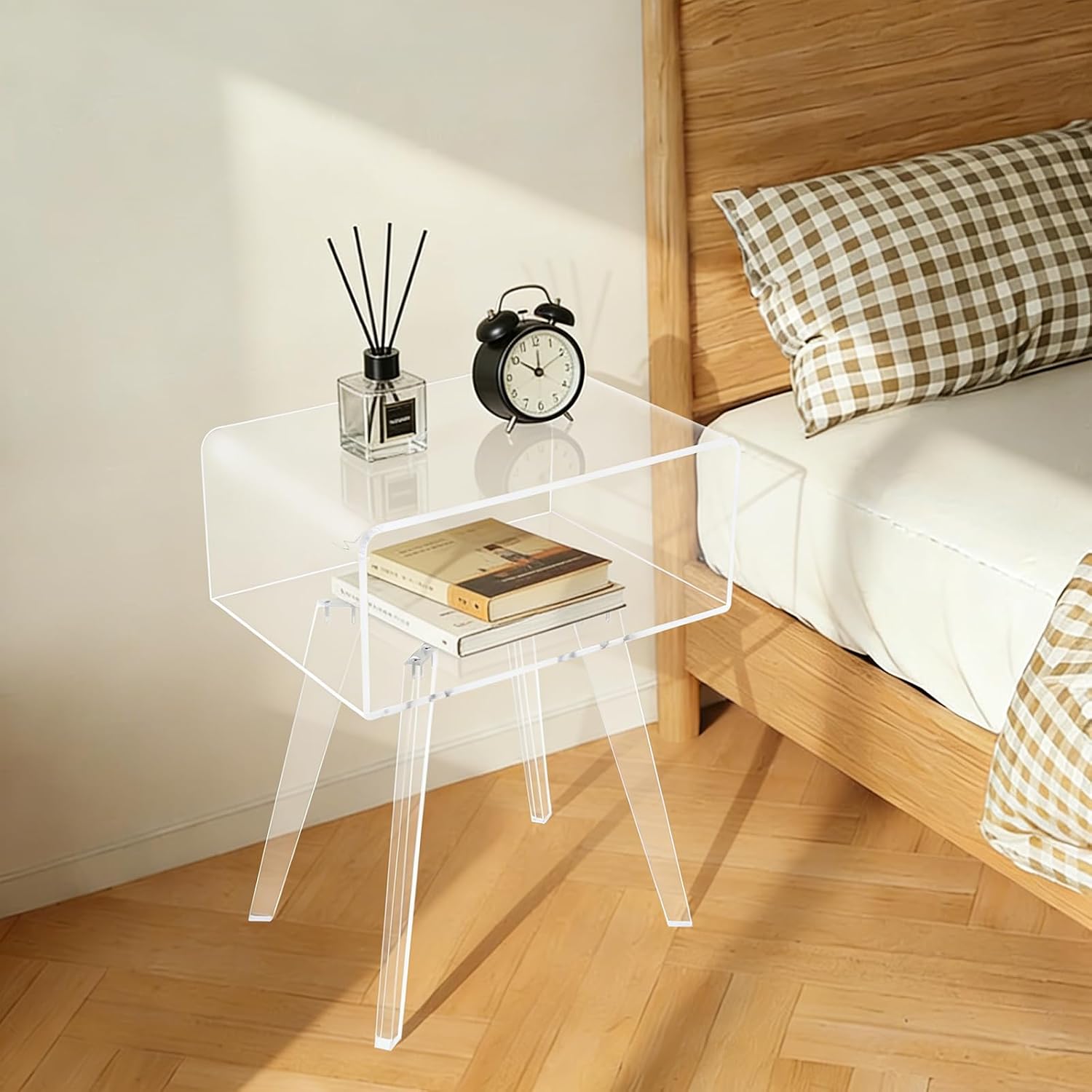 Clear Acrylic Nightstand with 2 Tiers, Modern Transparent Bedside Table, 16.5x11.8x21.7 Inches, Storage Organizer for Bedroom, Living Room, Apartment