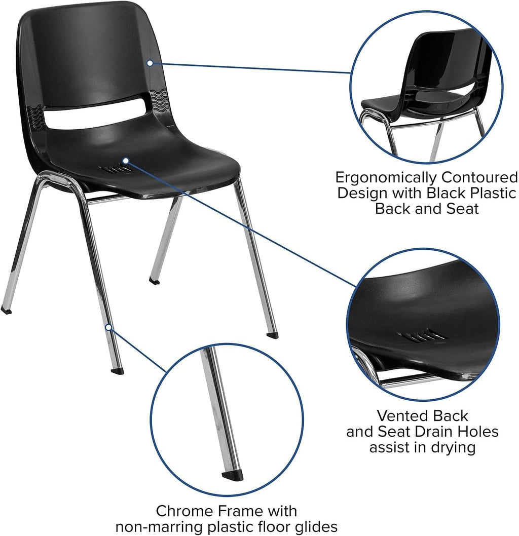 Flash Furniture 5 Pack HERCULES Series 880 lb. Capacity Black Ergonomic Shell Stack Chair with Chrome Frame and 18'' Seat Height