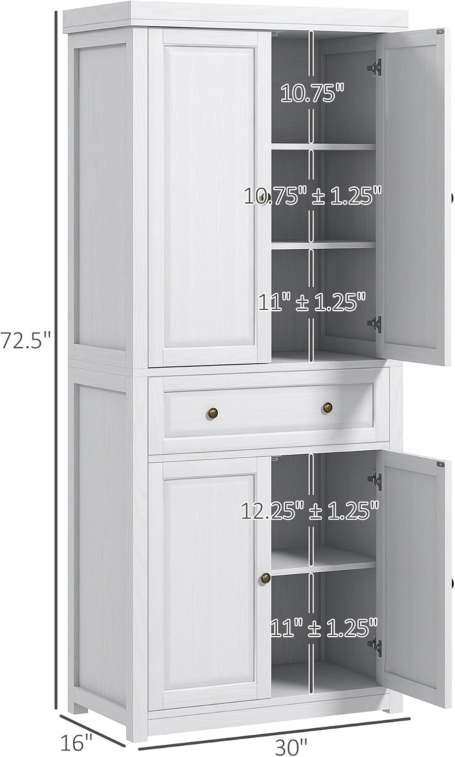 72.5" Tall Farmhouse Kitchen Pantry Storage Cabinet, Freestanding Kitchen Cabinet with 4 Doors, Drawer and Adjustable Shelves for Dining Room, Distressed White,16 * 30 * 72.5