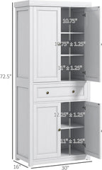 72.5" Tall Farmhouse Kitchen Pantry Storage Cabinet, Freestanding Kitchen Cabinet with 4 Doors, Drawer and Adjustable Shelves for Dining Room, Distressed White,16 * 30 * 72.5