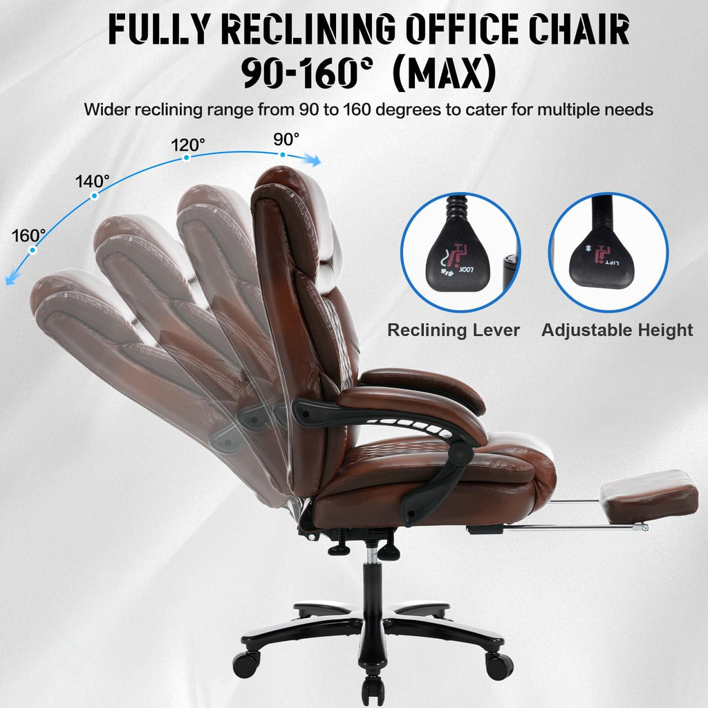 Big and Tall Recliner Office Chair with Footrest, Wide Seat Heavy Duty Reclining Office Desk Chair for 500lbs Heavy People, Black Brown