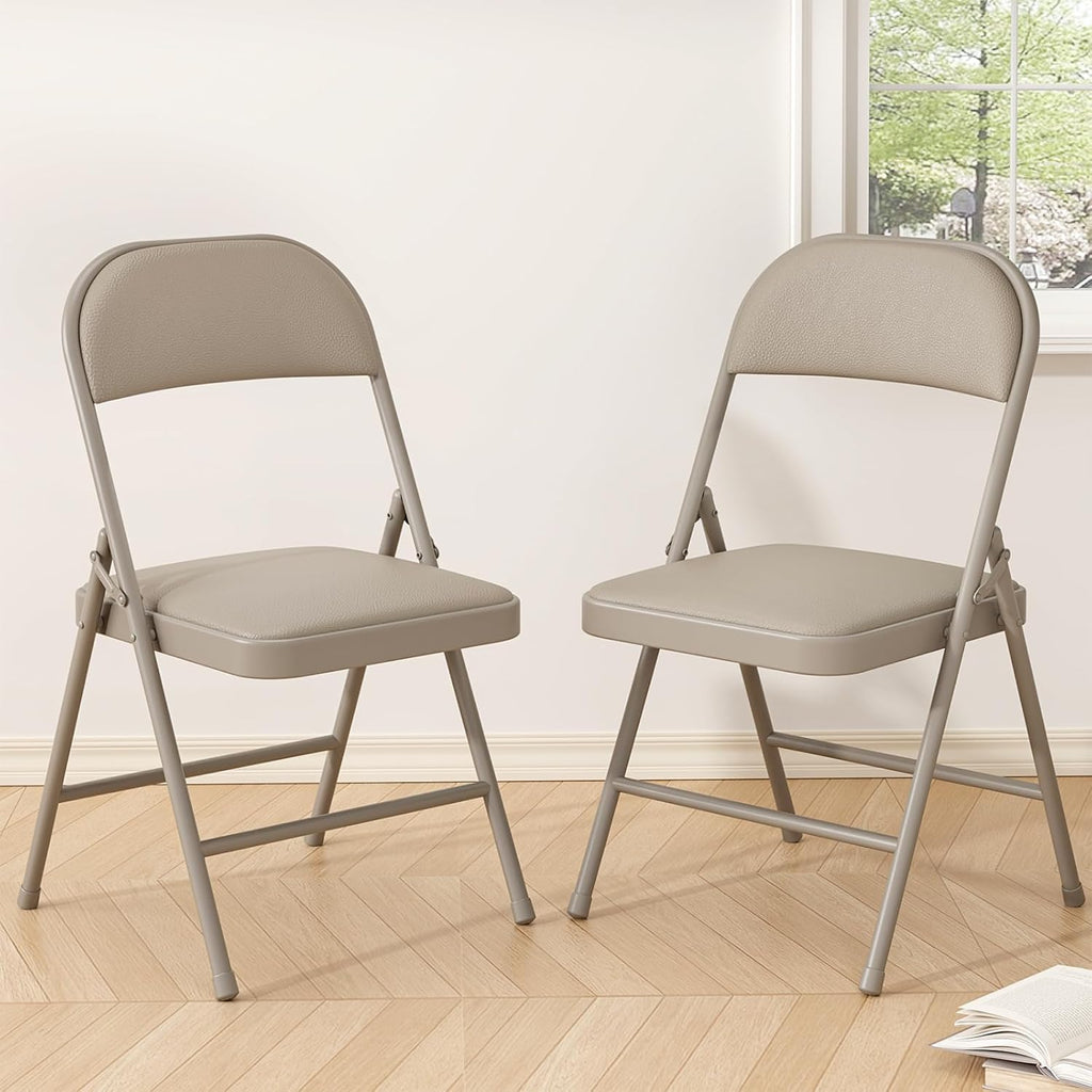 Folding Chairs 2 Pack,350lbs Heavy Duty Metal Frame Folding Chairs with PU Leather Padded Seat,Ergonomic Portable Foldable Chair with Non-Slip Rubber Feet for Indoor Outdoor Wedding Patio Party,Khaki