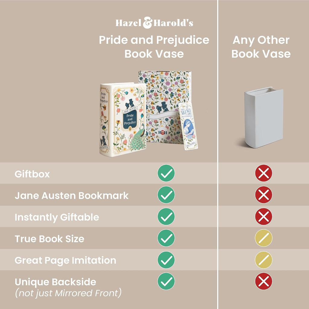 H&H Pride and Prejudice Book Vase for Flowers + Bookmark - Large Ceramic Book Planter Pot - Jane Austen Bookish Decor - Pride and Prejudice Gifts - Bookshelf Vase for Flowers - 2025 Edition