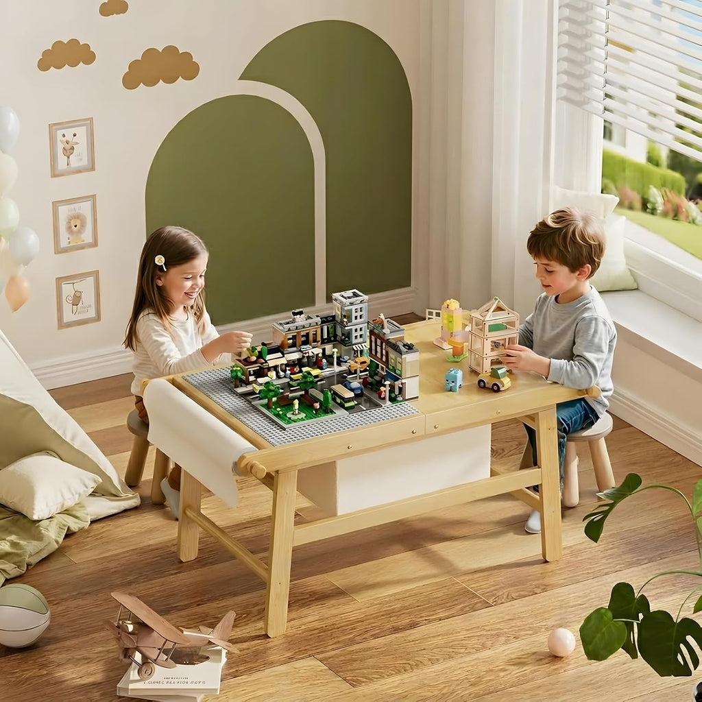 Kids Train Table with Storage, 5 in 1 Bamboo Activity Table for Building Blocks, Wooden Play Desk for Toddlers Ages 3-10, Multi-Functional Kids Table for Art, Drawing, Learning and Dining
