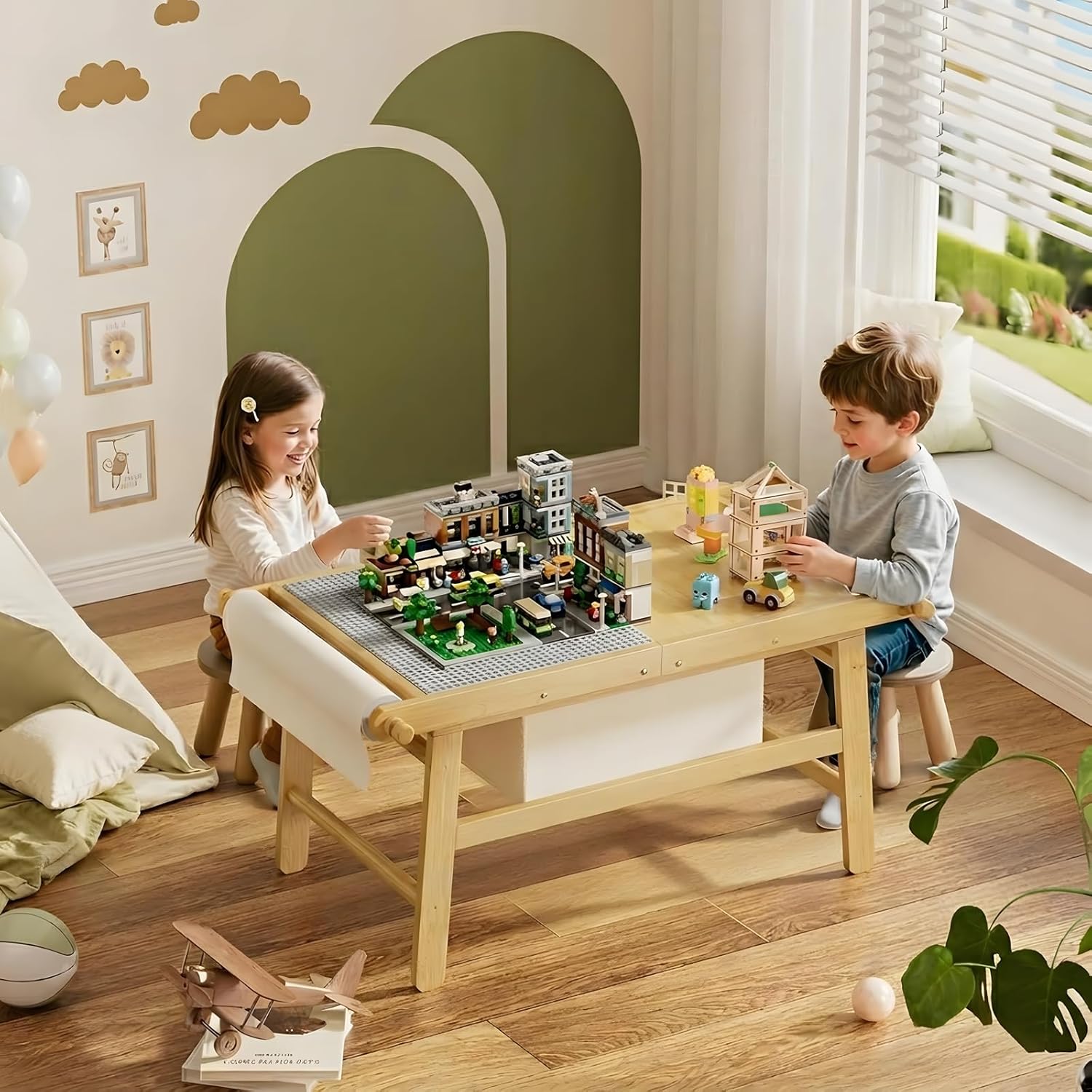 Kids Train Table with Storage, 5 in 1 Bamboo Activity Table for Building Blocks, Wooden Play Desk for Toddlers Ages 3-10, Multi-Functional Kids Table for Art, Drawing, Learning and Dining