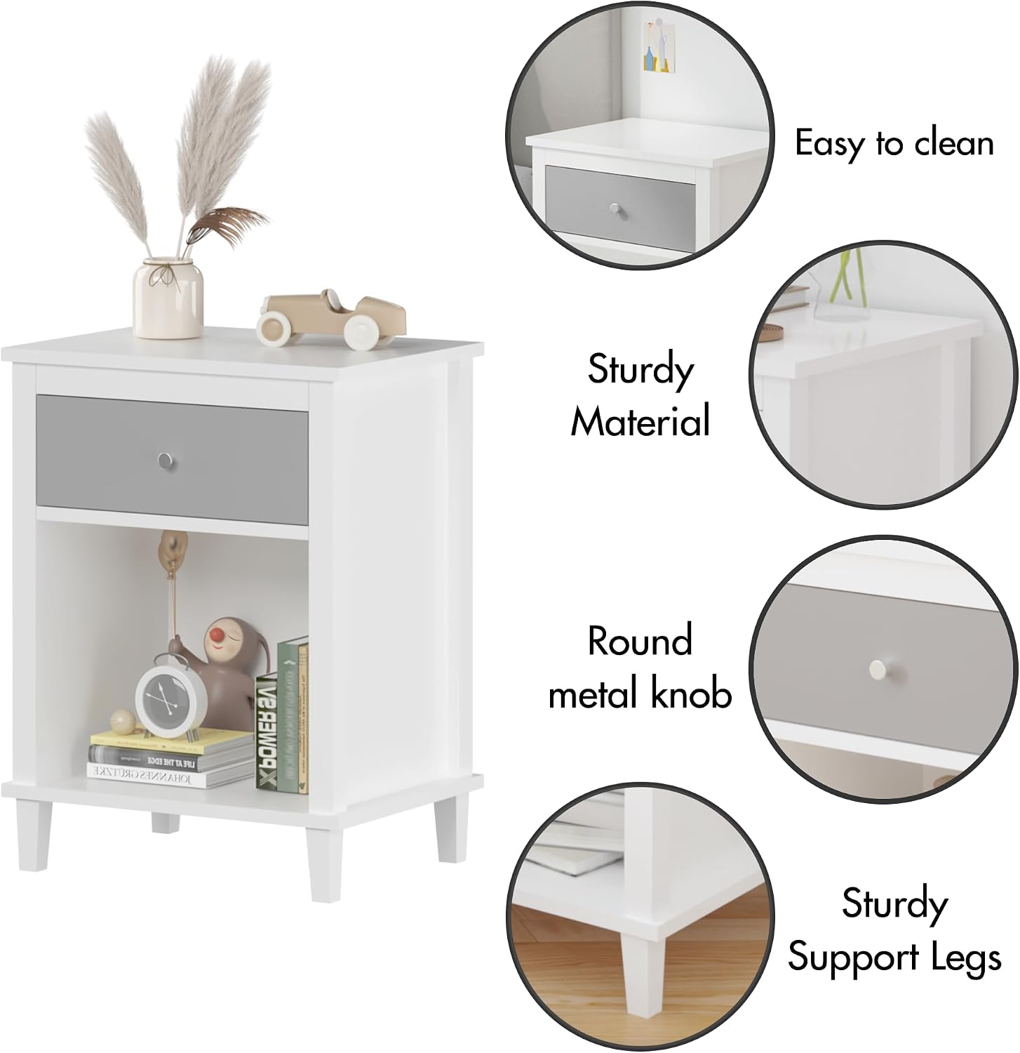 Kids Nightstand with One Drawer Modern Kids Bedside Table with Open Storage Shelf Wood End Side Table Toddler Nightstand for Bedroom Living Room (Grey)