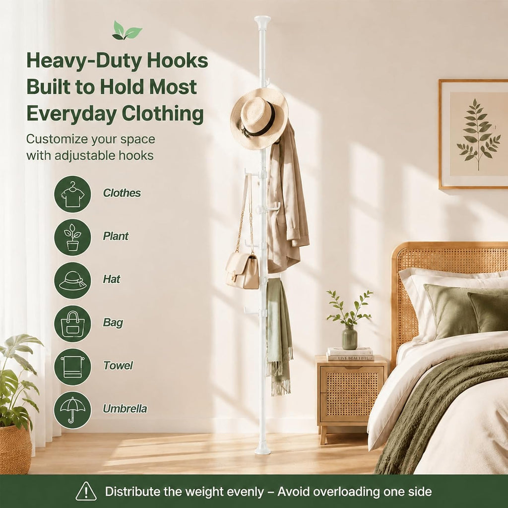 Coat Rack Freestanding, 56 to 125 inch Adjustable Tension Rod Coat Tree with 12 Hooks for Hanging Plant,Coat, Jacket, Hat, Scarf, Suitable for Living Room, Balcony, Kitchen White