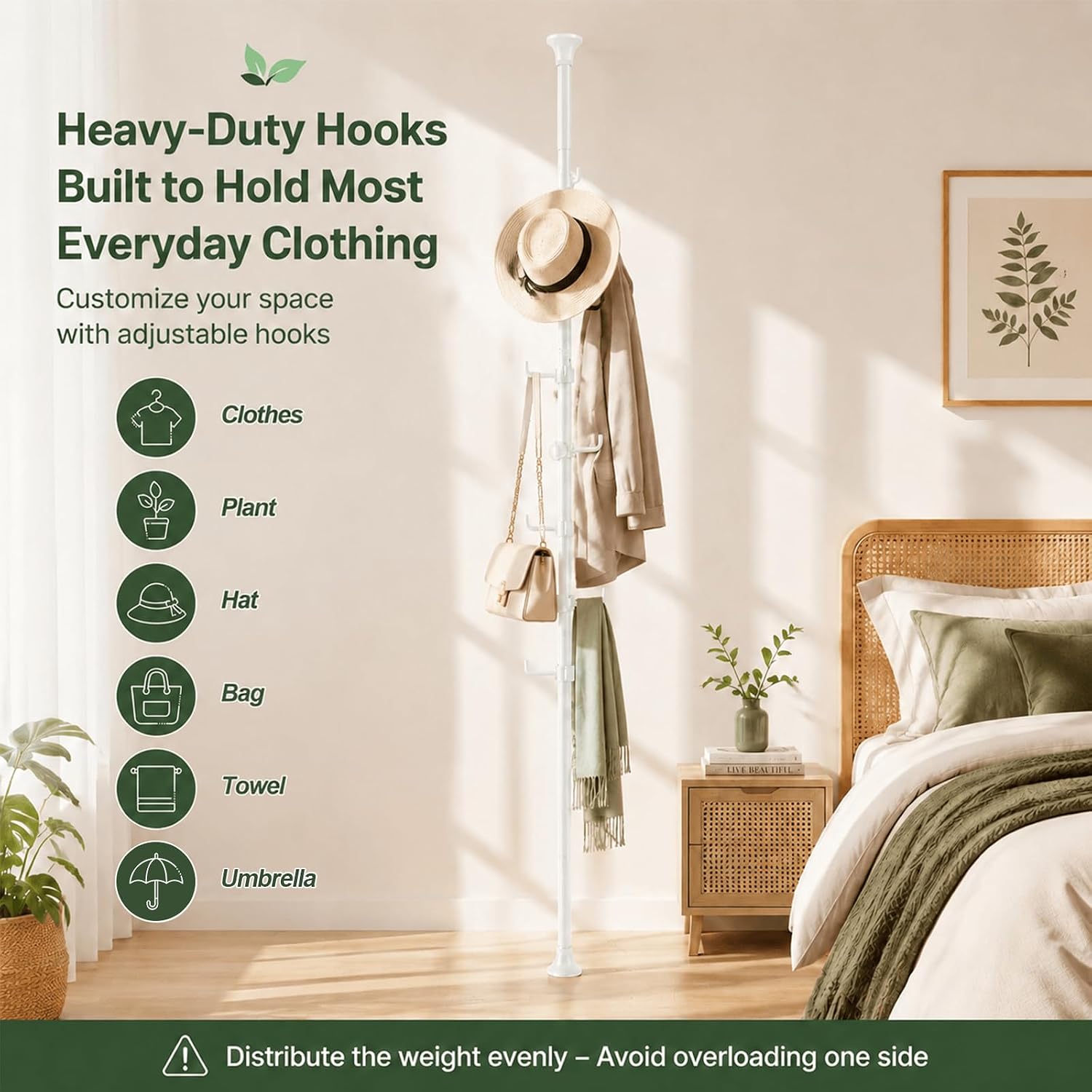 Coat Rack Freestanding, 56 to 125 inch Adjustable Tension Rod Coat Tree with 12 Hooks for Hanging Plant,Coat, Jacket, Hat, Scarf, Suitable for Living Room, Balcony, Kitchen White