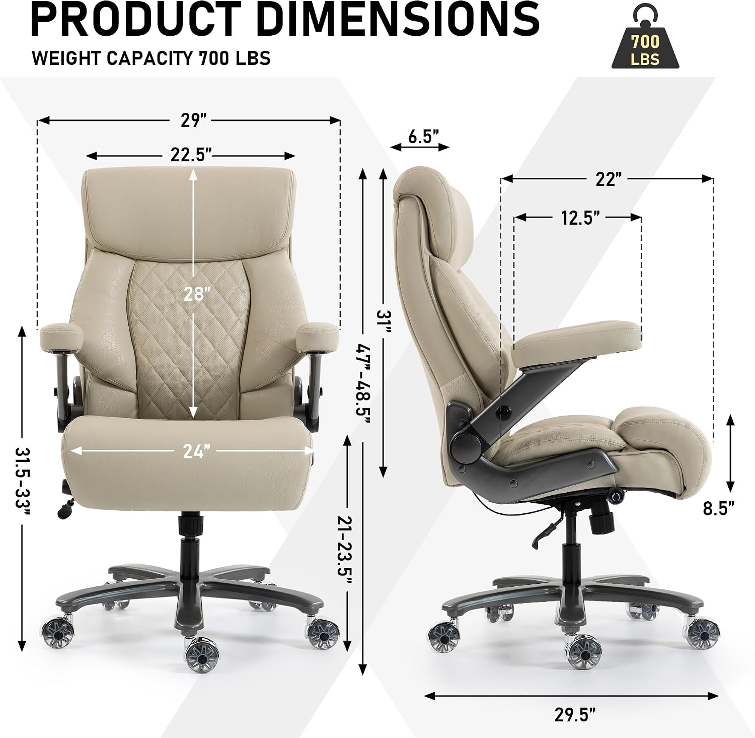 DYHOME 700LBS Heavy Duty Office Chair with 4D Armrest, Comfy Big and Tall Executive Office Desk Chair, Ergonomic Computer Chair with Pocket Spring Cushion & Lumbar Support, Dual Rubber Wheel (Beige)