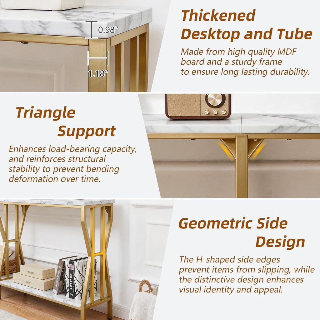 HOMISSUE Sofa Console Table, 63" Extra Long Sofa Table with 2-Tier Storage, Industrial Narrow Console Tables Behind Couch, Hallway Table for Entryway, Living Room，Gold