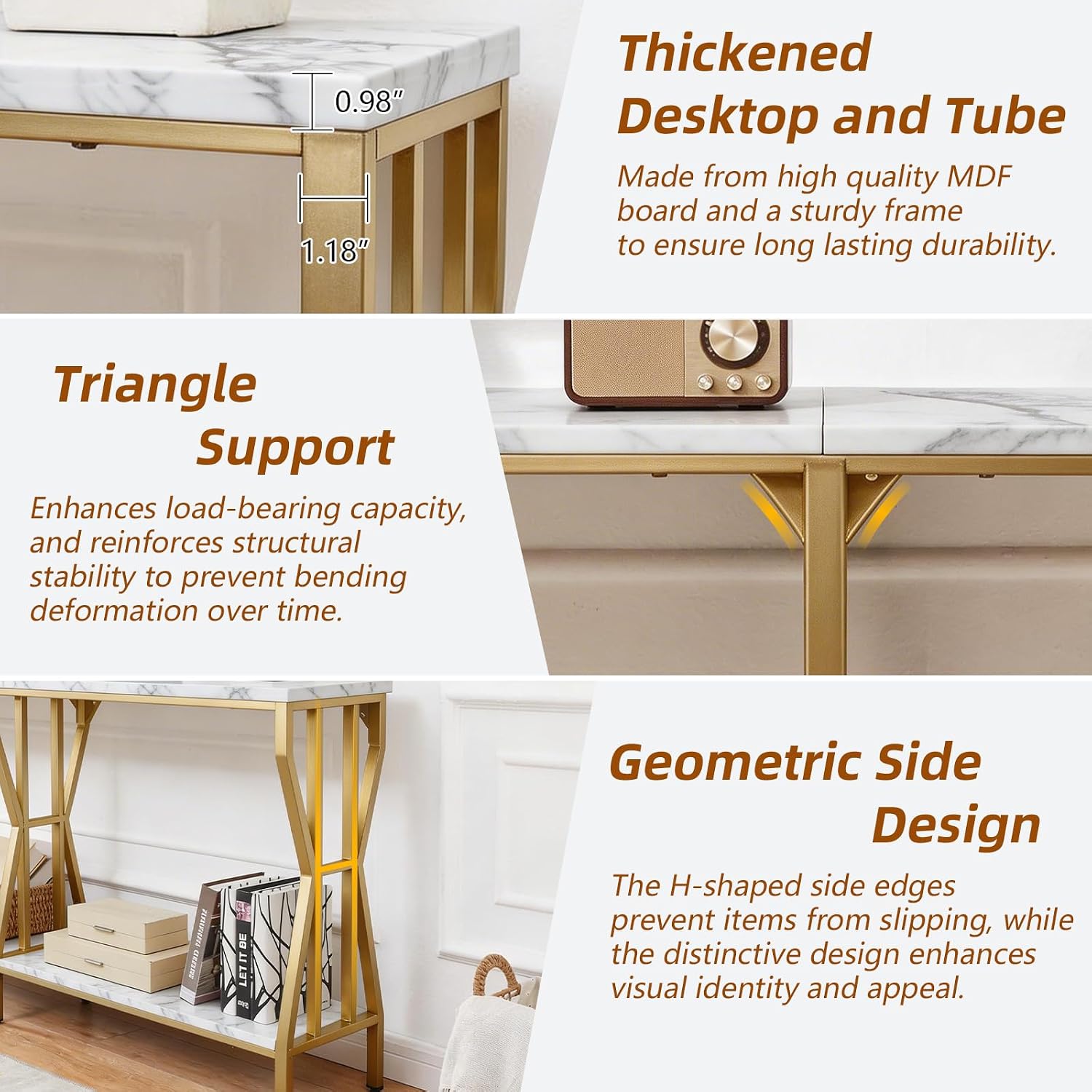 HOMISSUE Sofa Console Table, 63" Extra Long Sofa Table with 2-Tier Storage, Industrial Narrow Console Tables Behind Couch, Hallway Table for Entryway, Living Room，Gold