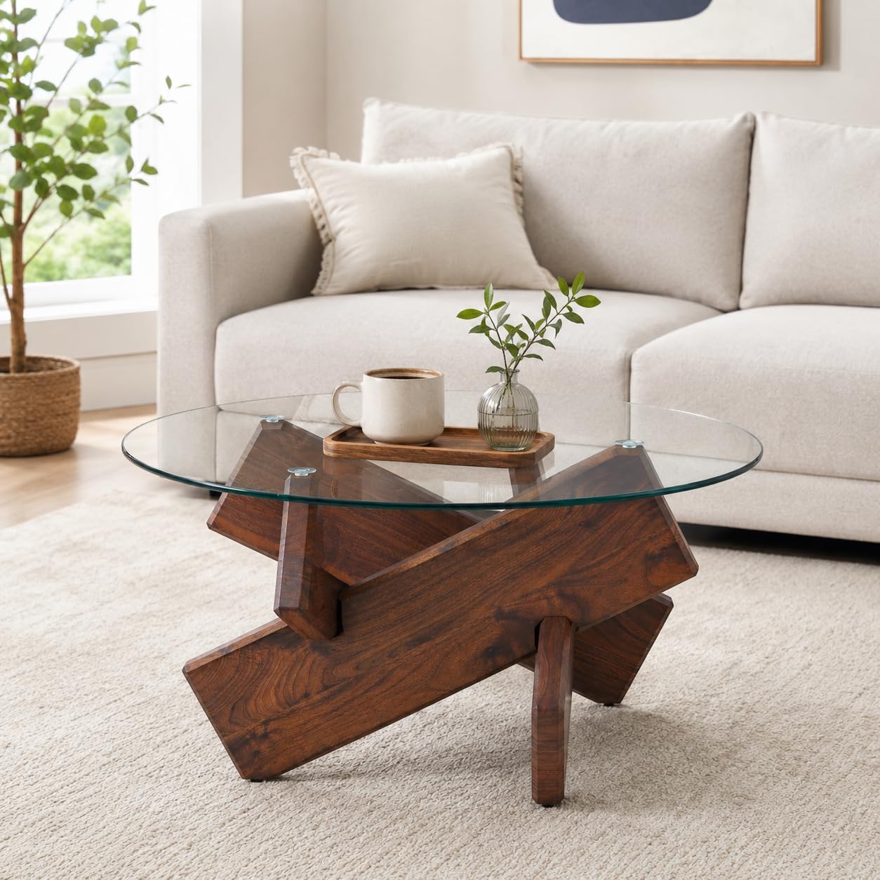 Round Glass Coffee Table, 33.4 Inch Clear Tempered Glass Top Coffee Table with Walnut Crossed Legs, Modern Small Glass Center Table for Living Room Home