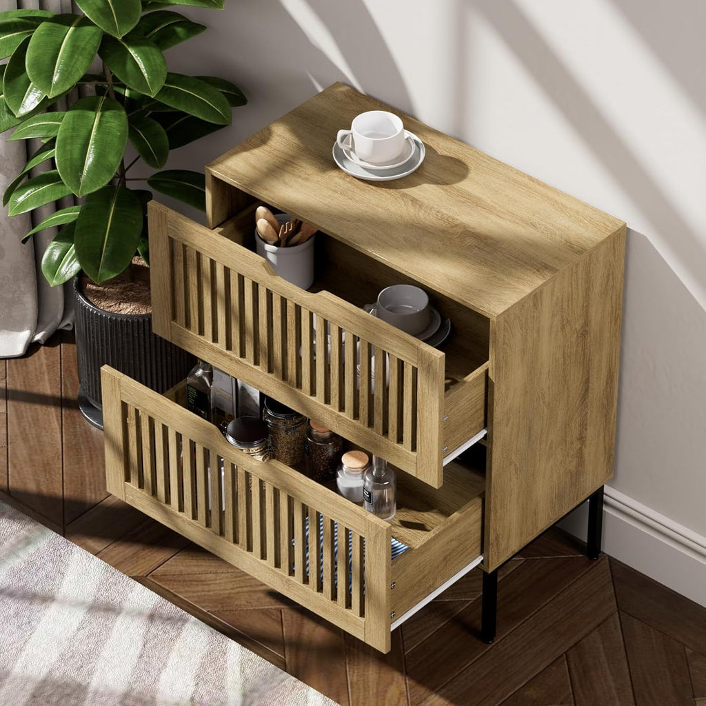 BVIUNTWO 75" Farmhouse Buffet Cabinet, Large Storage Sideboard with Adjustable Shelves & Metal Base, 3-Door Coffee Bar Cabinet for Kitchen/Dining/Living Room, Oak