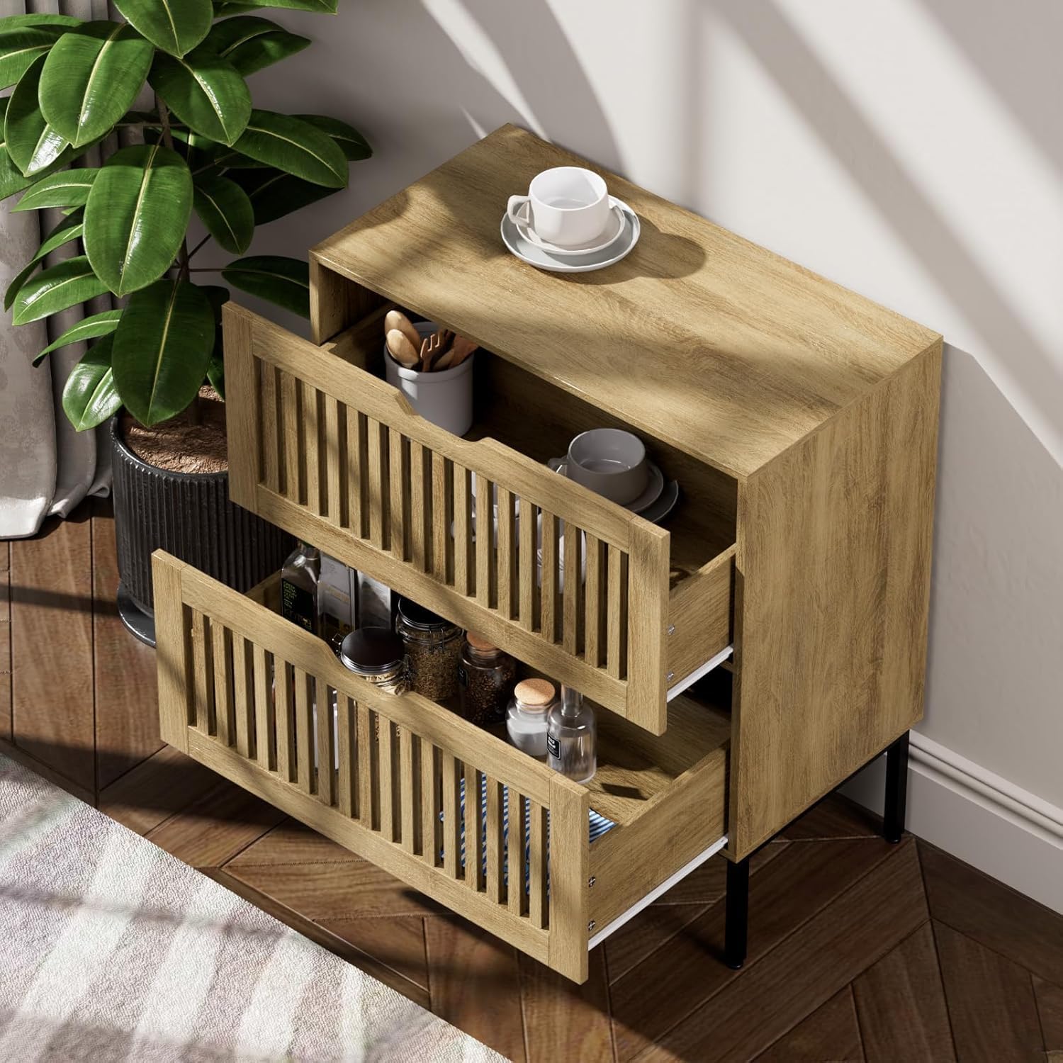 BVIUNTWO 75" Farmhouse Buffet Cabinet, Large Storage Sideboard with Adjustable Shelves & Metal Base, 3-Door Coffee Bar Cabinet for Kitchen/Dining/Living Room, Oak
