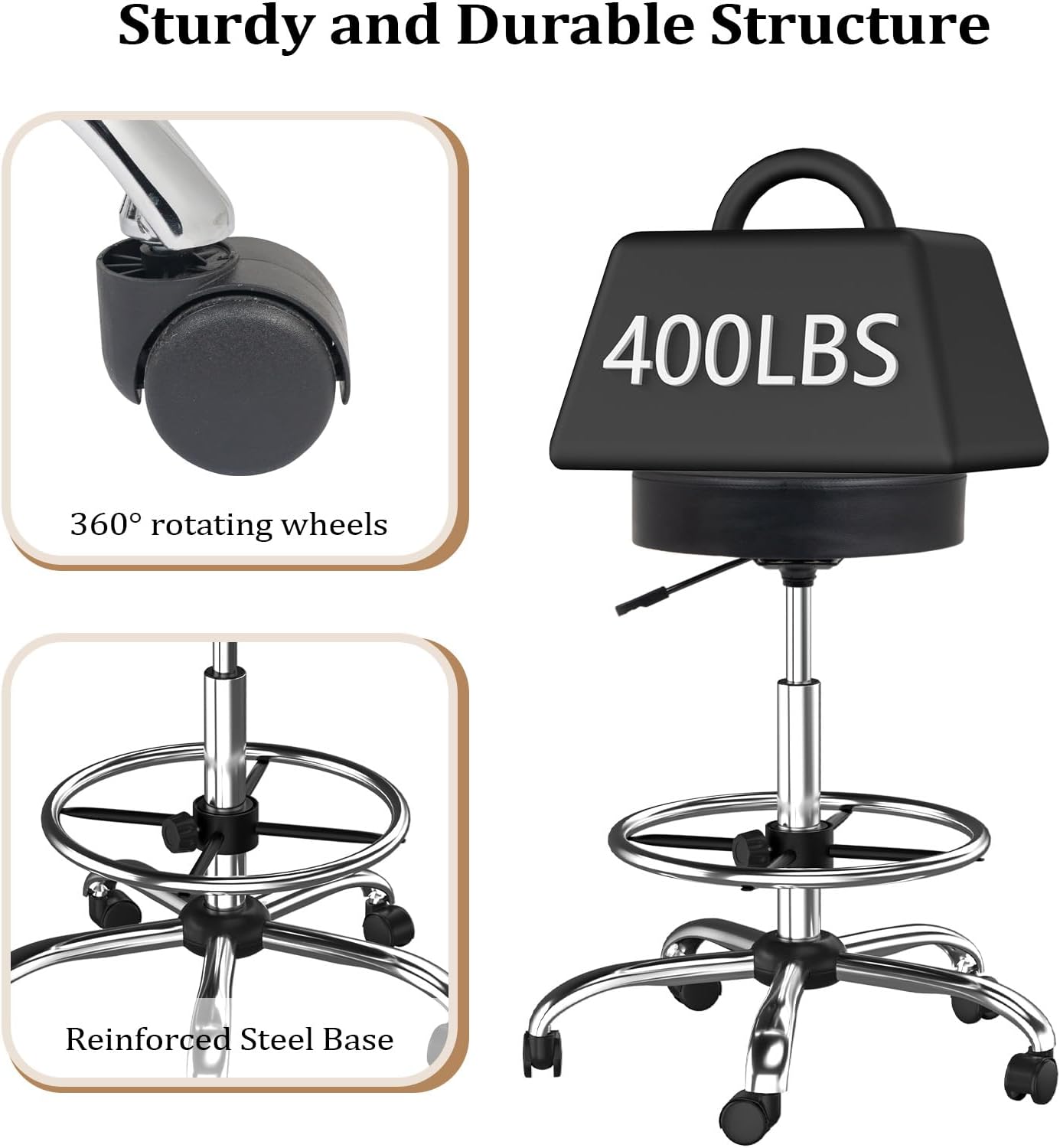 OmySalon Drafting Chair,Ergonomic Office Desk Chair with Back Support,Tall Adjustable Rolling Stool with Footrest & Thick Seat Cushion,Computer Chair for Salon Medical Spa Home Bar Kitchen, Black