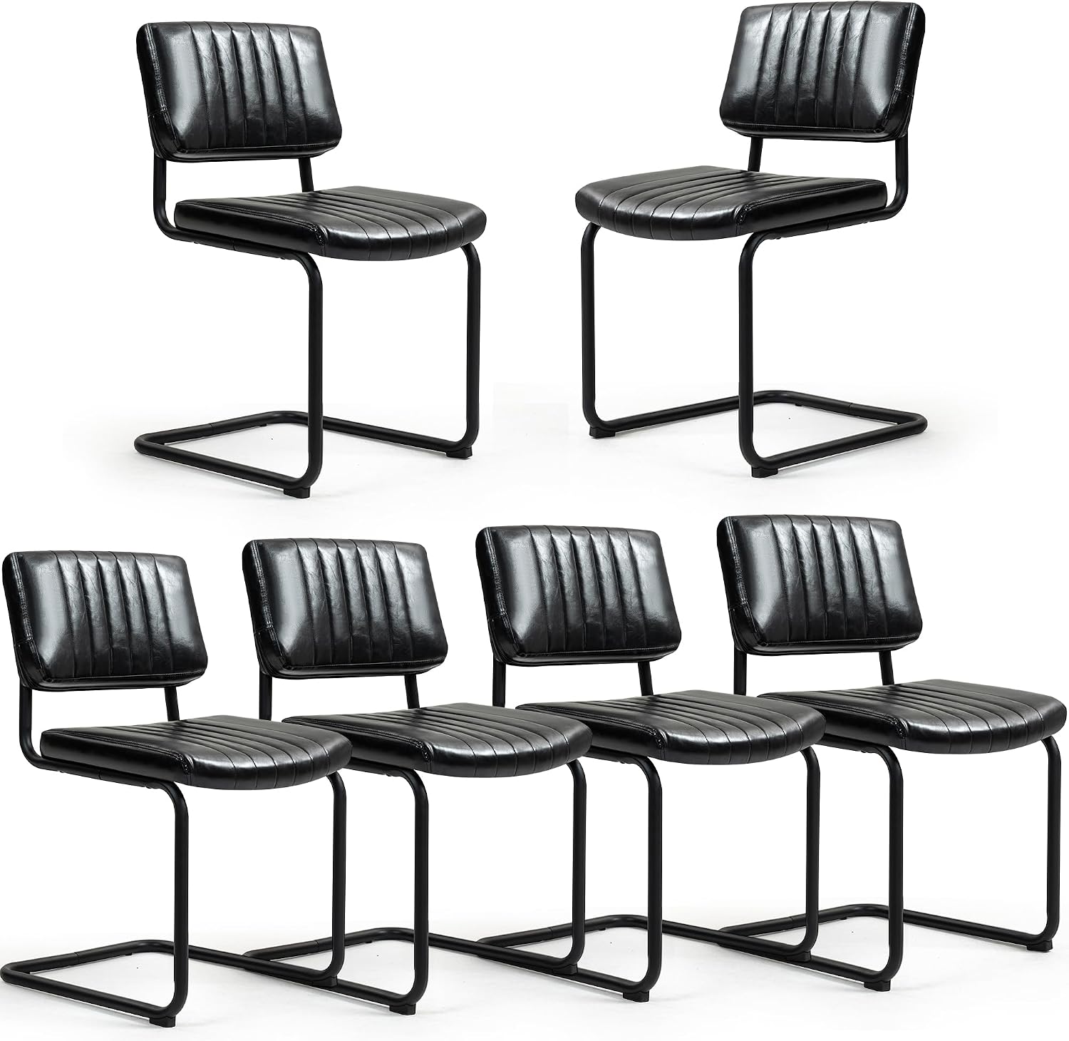 Cantilever Dining Chairs Set of 6, Mid Century Modern Dining Chairs with Black Metal Legs, Upholstered Leather Kitchen Chairs, Armless Cantilever Chair for Kitchen & Living Room, Black