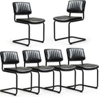 Cantilever Dining Chairs Set of 6, Mid Century Modern Dining Chairs with Black Metal Legs, Upholstered Leather Kitchen Chairs, Armless Cantilever Chair for Kitchen & Living Room, Black