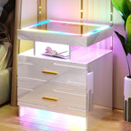 HNEBC Night Stand Set 2 with Wireless Charging Station& Remote Lights,White | LED Nightstand with Tempered Glass Top, RGB Dynamic motion sensor Lighting, Higt-Gloss, 2 Drawers for Bedroom,Living Room