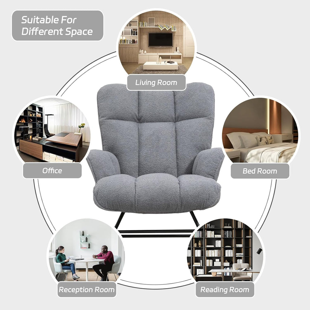SAETSFEG Rocking Chair Nursery Teddy Upholstered Glider Rocker Rocking Accent Chair Padded Seat with High Backrest Armchair Comfy Side Chair for Living Room Bedroom Offices (Darkgrey Teddy)