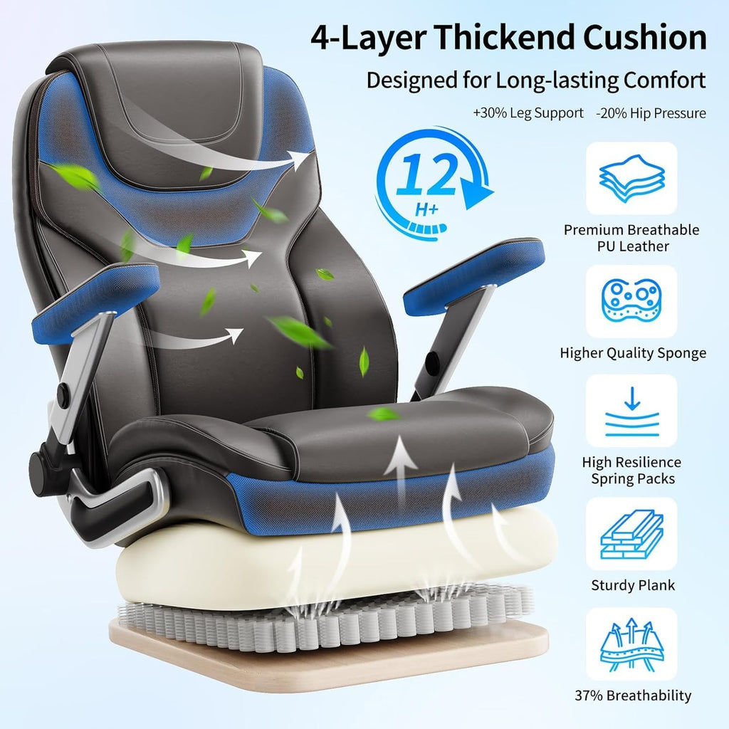 Big and Tall Office Chair with 5D Arms, Fabric & PU Leather Heavy Duty Desk Chair, Adjustable Lumbar Support & Height, Tilt Function, High Back Ergonomic Executive Computer Chair