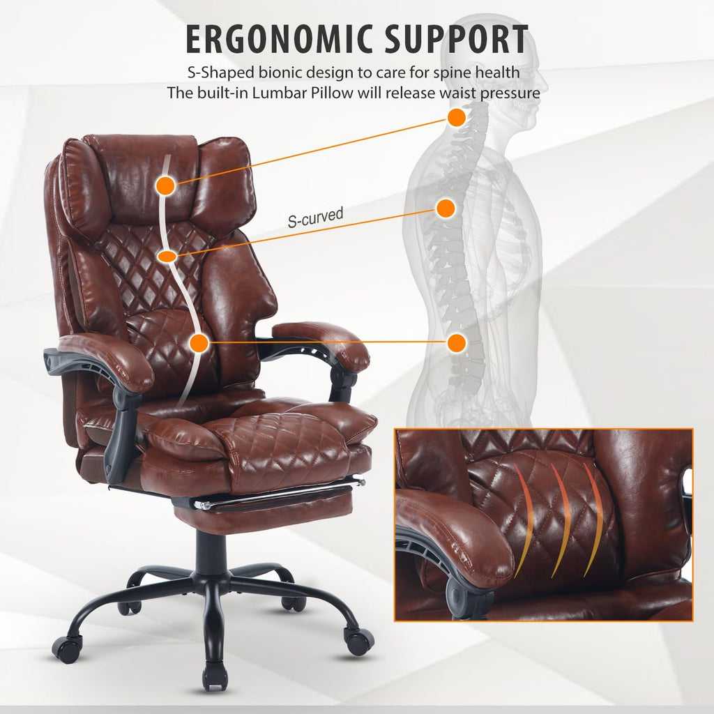 Reclining Ergonomic Executive Office Chair With Footrest, 400lbs Big Tall Recliner Desk Chairs with Lumbar Support, Heavy Duty High Back Vintage Leather Home Computer Chair with Wheels, Brown