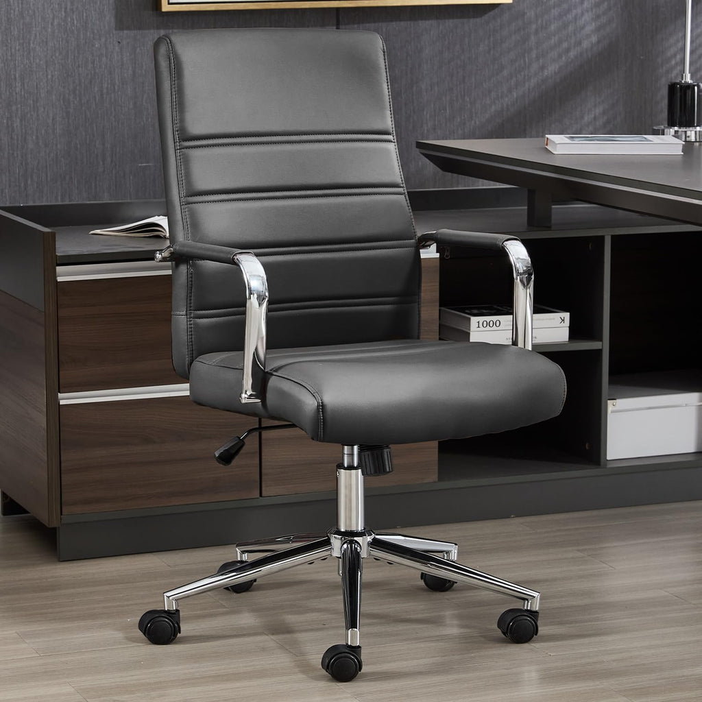 Office Desk Chair Leather, Conference Room Chairs with Wheels, Modern Executive Office Chairs Adjustable Height, Ergonomic Swivel Rolling Ribbed Computer Chair(Black)