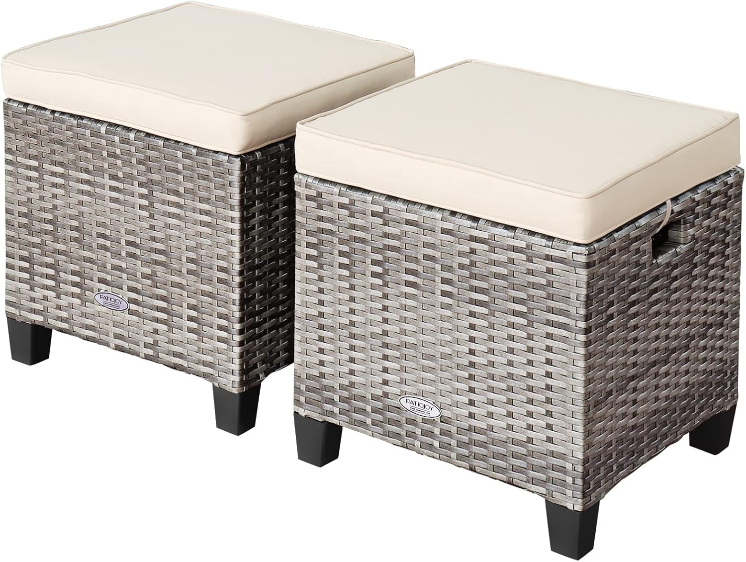 LDAILY Moccha 2 Pieces Patio Outdoor Ottoman, All Weather Rattan Patio Ottoman Set w/Removable Cushions, Footrest Seat Outdoor Footstool (Mix Grey + White)