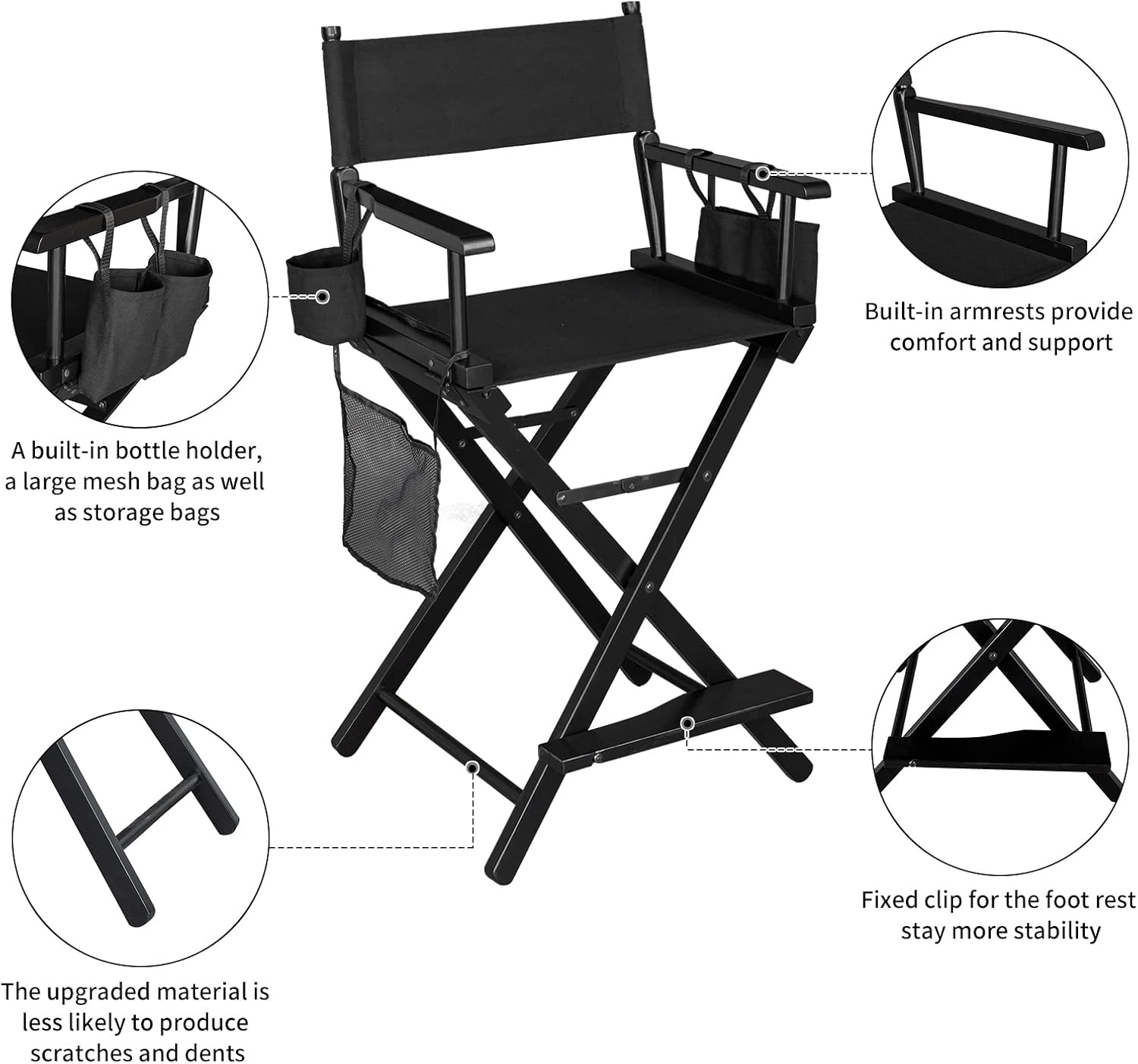 OmySalon 26" H Tall Directors Chair, Wooden Portable Folding Makeup Chair w/Storage Pouch & Footrest, Professional for Salon/Events/Mobile Services, 250lb Capacity, Black Canvas
