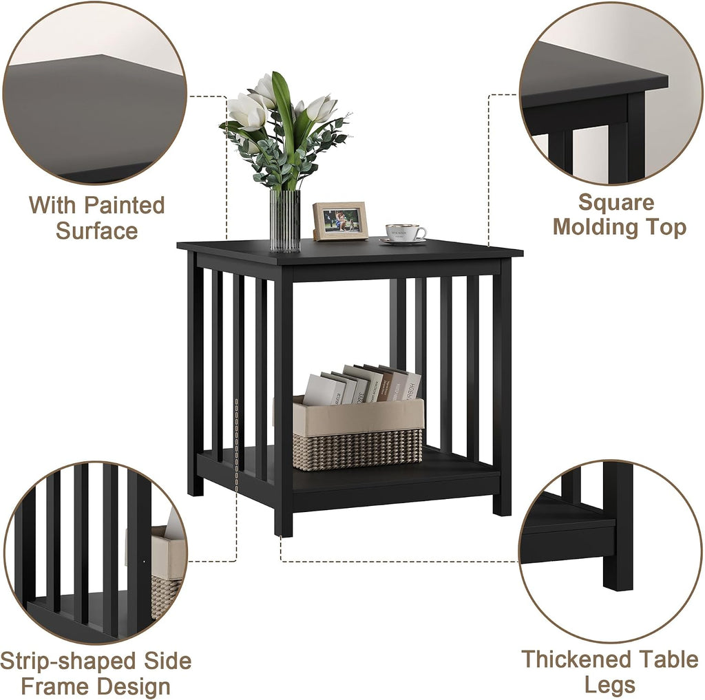 Treocho Large End Tables Living Room Set of 2 with Storage Shelf | Side Table, 24 InchModern Nightstand, Living Room, Bedroom, Office, Black