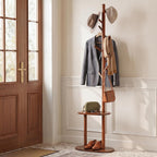 Giantex Coat Rack Freestanding, 70" Solid Wood Clothing Rack with 8 Hooks and 2 Storage Shelves, Wooden Hall Tree for Coats, Hats & Bags, Tall Coat Hanger Stand for Entryway, Living Room, Bedroom