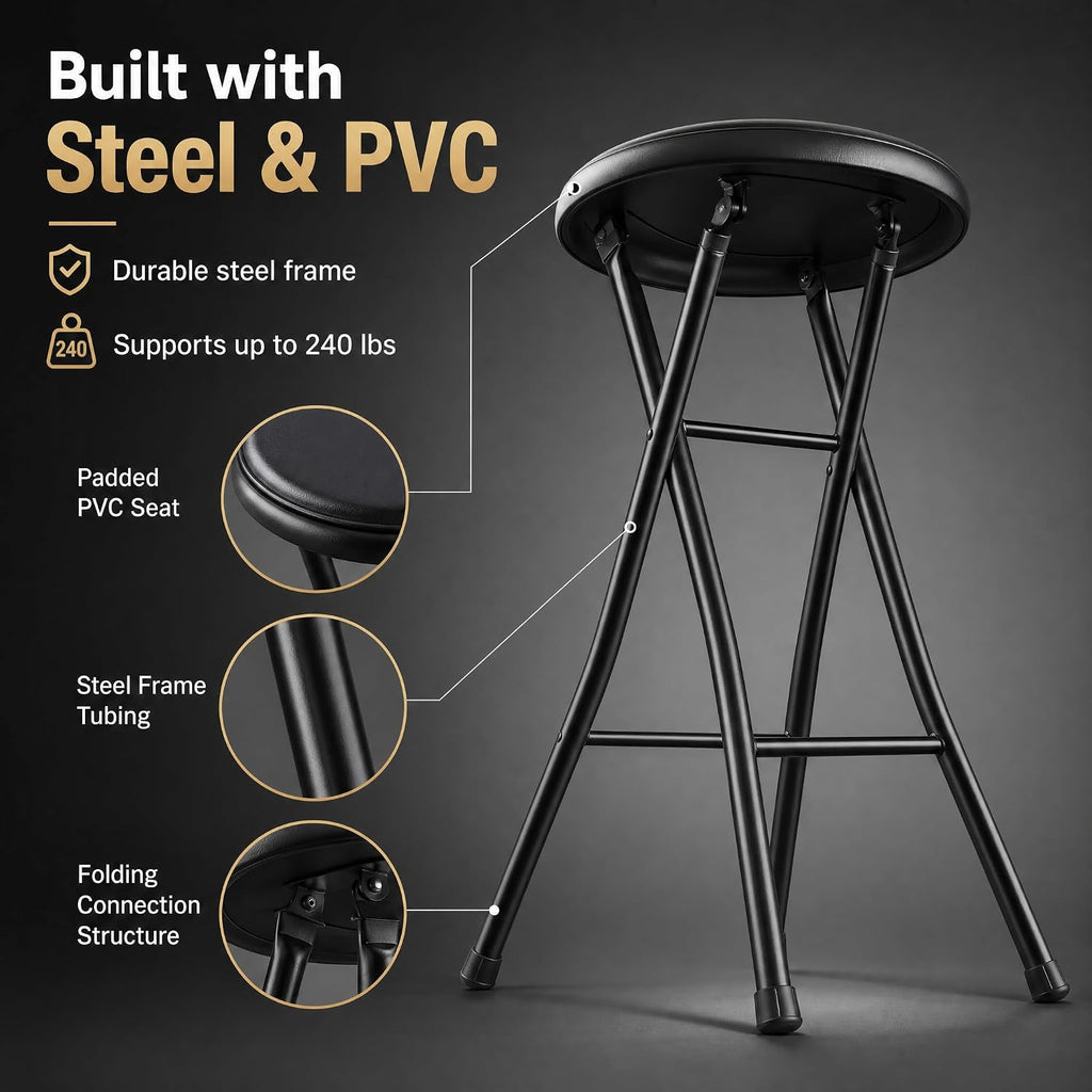 Folding Stool - Backless 24-Inch Stool with 240lb Capacity for Kitchen or Rec Room - Portable Indoor Counter Bar Stools (Black)