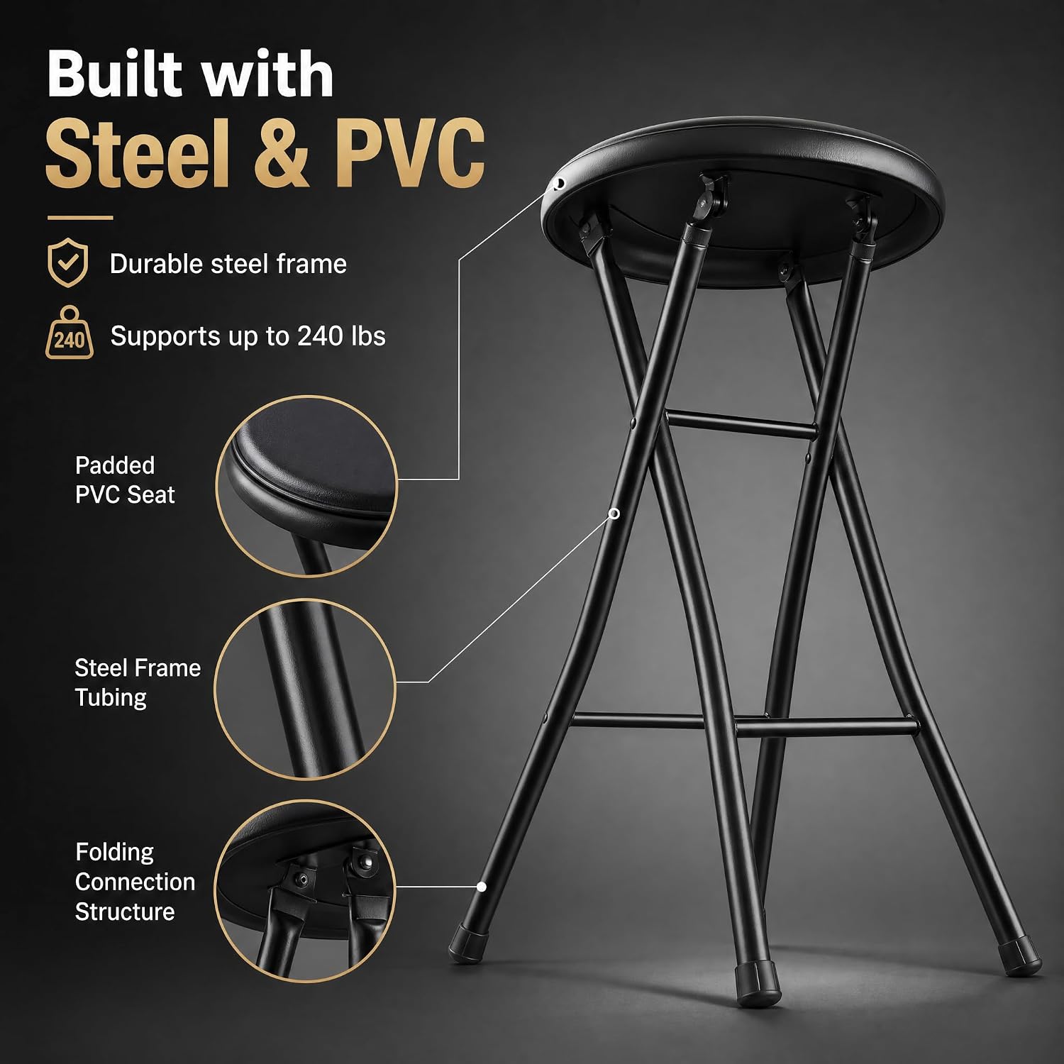 Folding Stool - Backless 24-Inch Stool with 240lb Capacity for Kitchen or Rec Room - Portable Indoor Counter Bar Stools (Black)