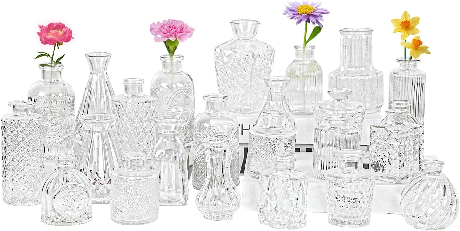 24Pcs Glass Bud Vase Set,Small Flower Vase for Tables Centerpieces Decor, Mini Vintage Clear Vase for Home,Wedding,Party Decorations