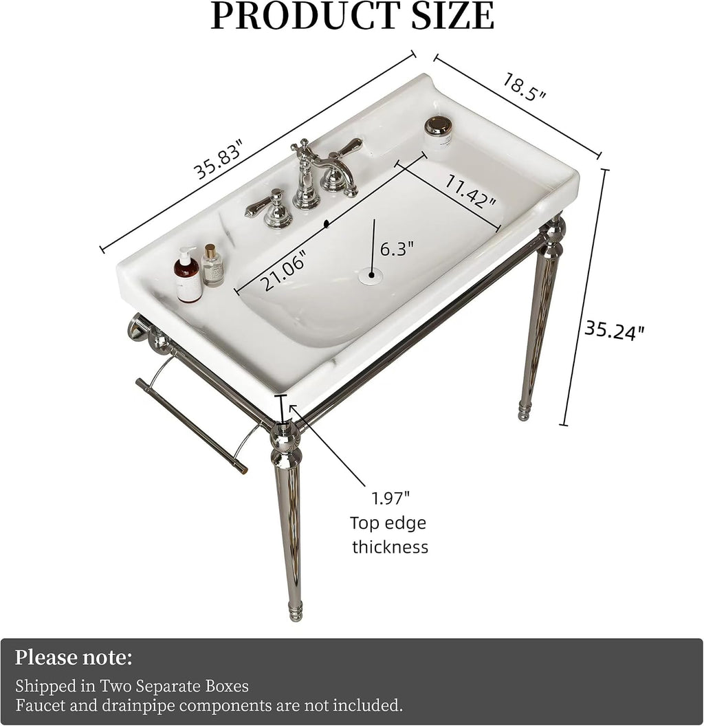 Yayzy 36” Bathroom Vanity with White Ceramic Sink, Wall-Mounted Console Style, Silver-Finish Stainless Steel Legs & Towel Bar, 3 Faucet Holes, No Faucet
