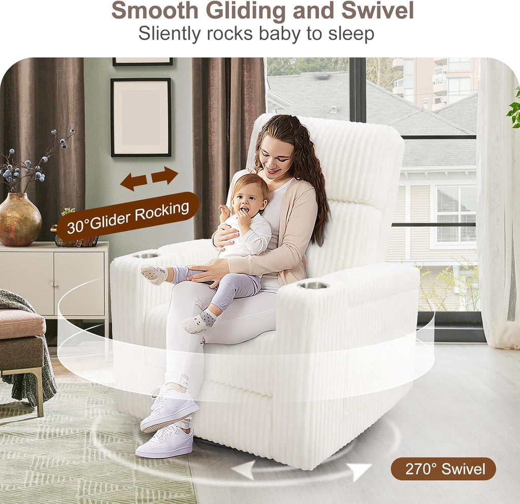 ABCASA Power Recliner Rocking Chair Nursery Glider, Swivel Reclining Nursery Rockers for Baby Room & Living Room, Corduroy Chair with Phone Holder, USB/Type-C Ports, Arm Storage, White