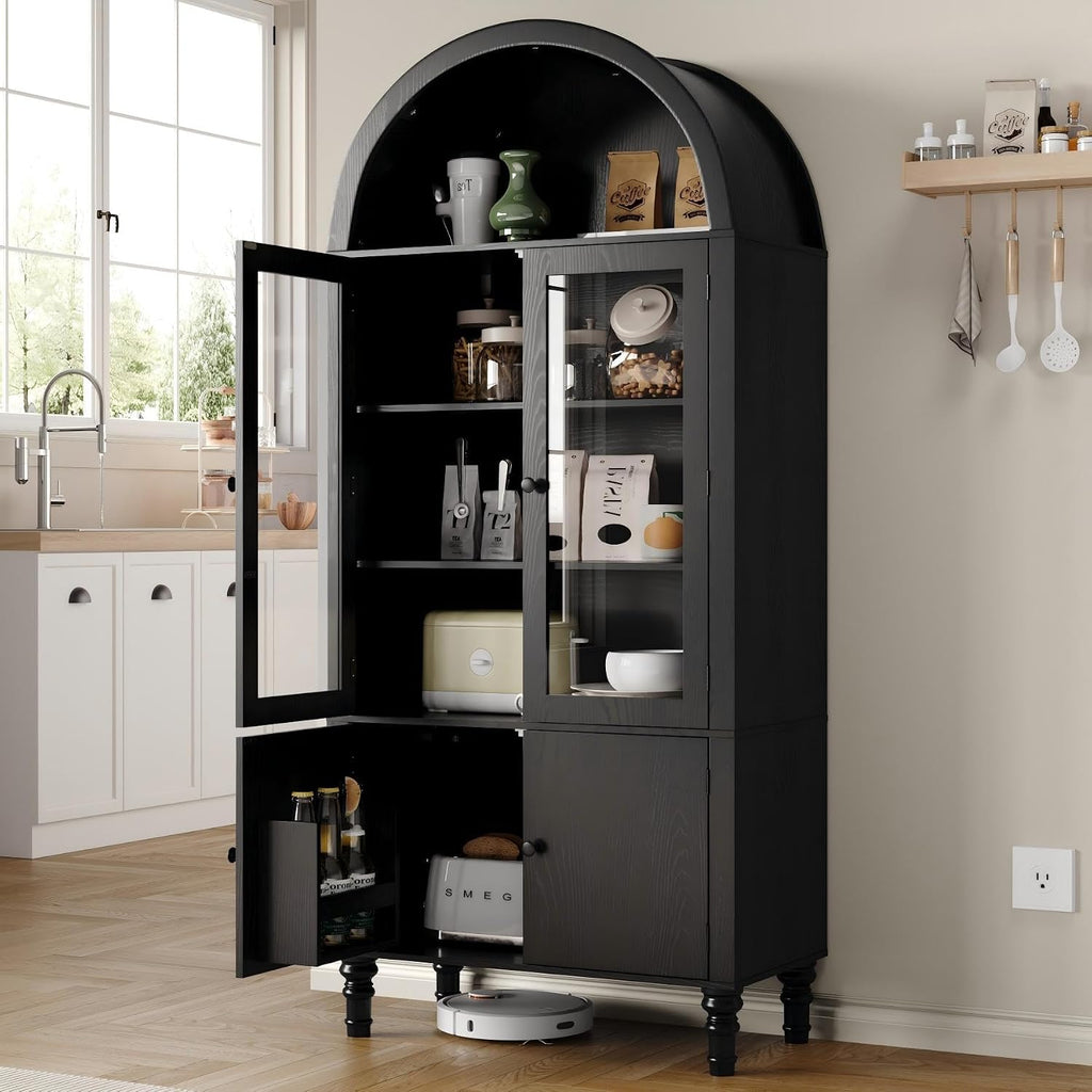 Furnify 71" Tall Arched Pantry Cabinet, Modern Kitchen Storage Cabinet with Doors, 3 Adjustable Shelves, Door Shelves, Organizer, Versatile Cupboard for Kitchen, Bathroom, Black