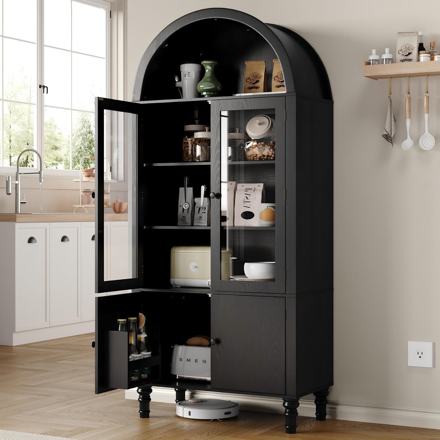 Furnify 71" Tall Arched Pantry Cabinet, Modern Kitchen Storage Cabinet with Doors, 3 Adjustable Shelves, Door Shelves, Organizer, Versatile Cupboard for Kitchen, Bathroom, Black