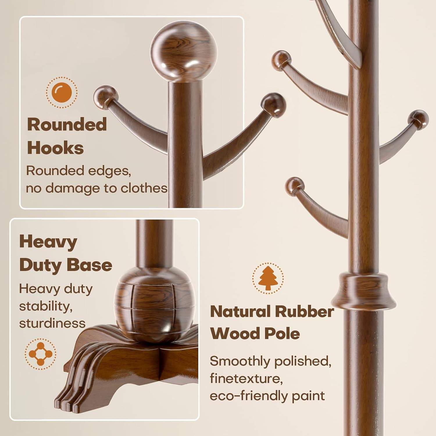 Wooden Coat Rack, 7 Hooks Freestanding Wood Coat Tree Rack with Stable Base | Space-Saving Hall Tree, Heavy Duty Coat Hanger Stand, 210 lbs, Solid Wood Coat Tree for Entryway Hallway Bedroom Office