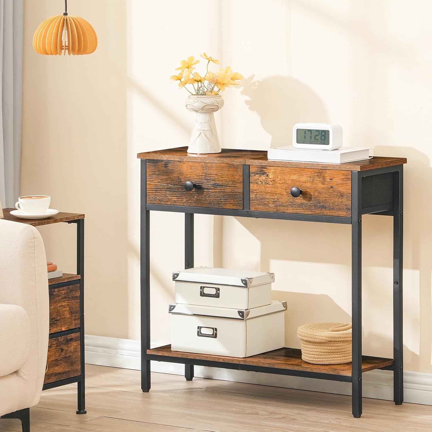 HOOBRO 29.5" Narrow Console Table with 2 Fabric Drawers, Small Entryway Table with 2-Tier Storage Shelves, Sofa Table, Behind Couch Table, for Living Room, Hallway, Rustic Brown and Black BF71XG01
