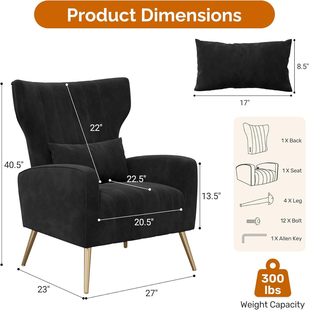 Luxanimarion Black Velvet Accent Chair Set of 2, Wingback Chair for Living Room, High Back Arm Chair with Golden Legs Lumbar Pillow, Upholstered Single Sofa Bedroom