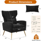 Luxanimarion Black Velvet Accent Chair Set of 2, Wingback Chair for Living Room, High Back Arm Chair with Golden Legs Lumbar Pillow, Upholstered Single Sofa Bedroom